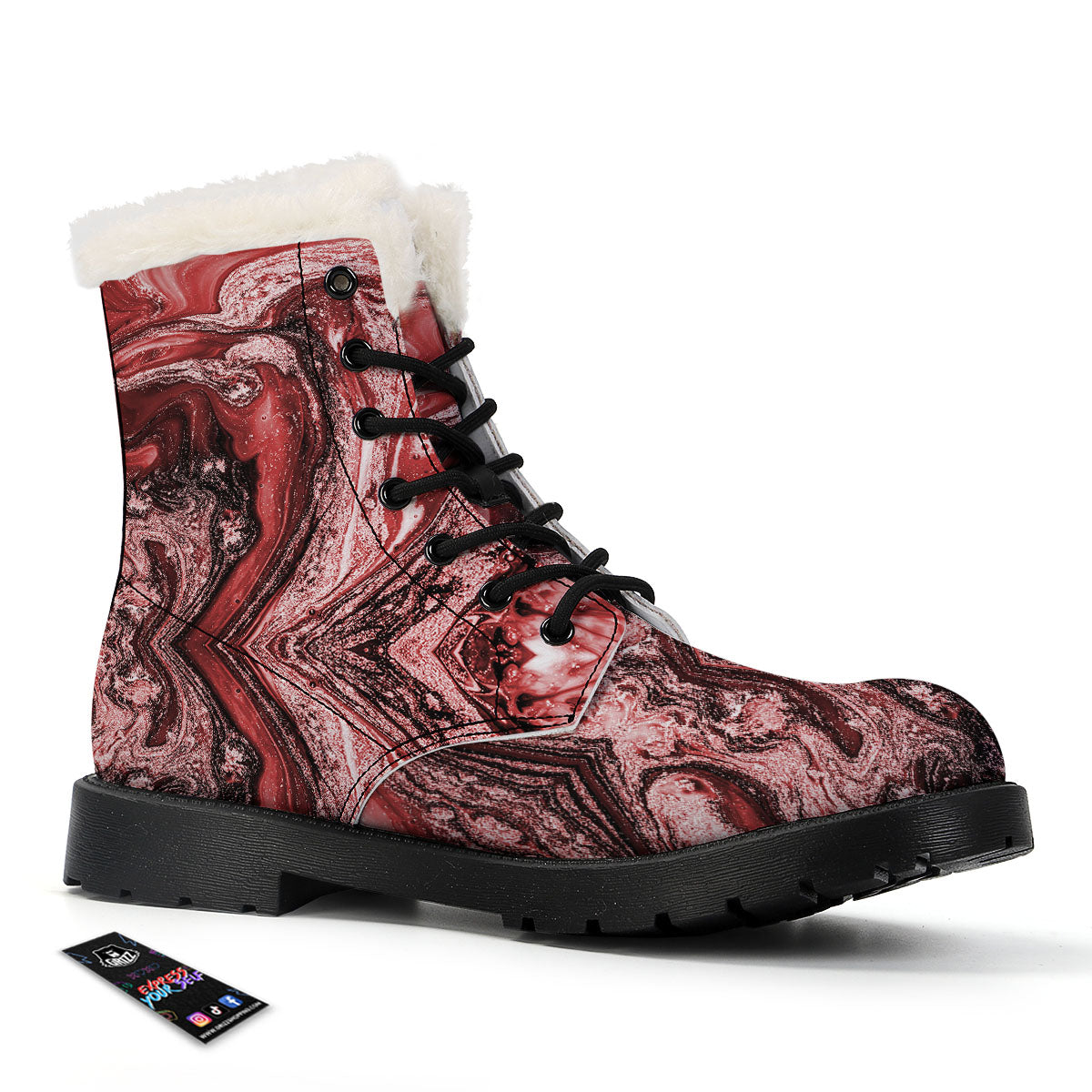 Marble Red Print Pattern Winter Boots-grizzshop