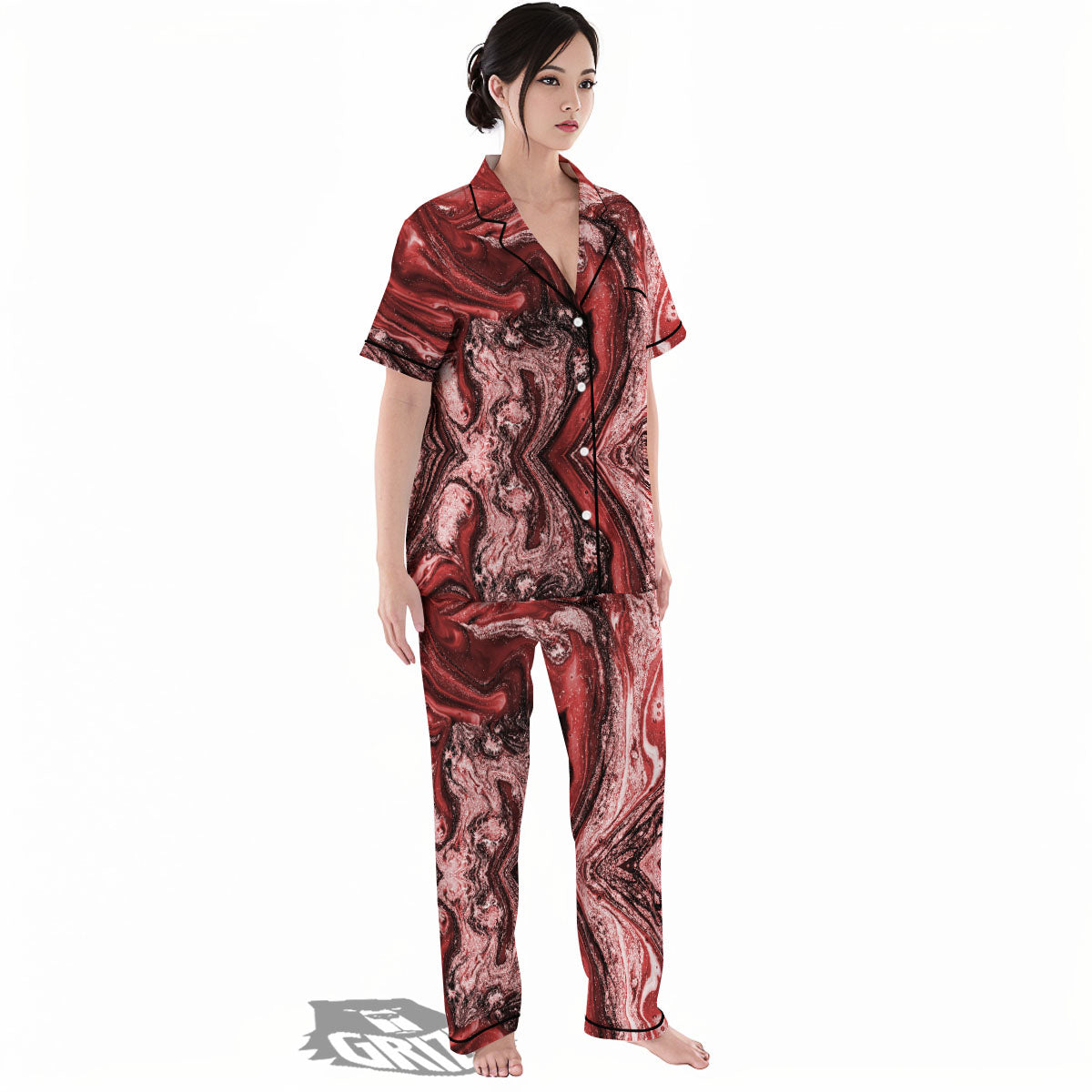 Marble Red Print Pattern Women's Pajamas Set-grizzshop