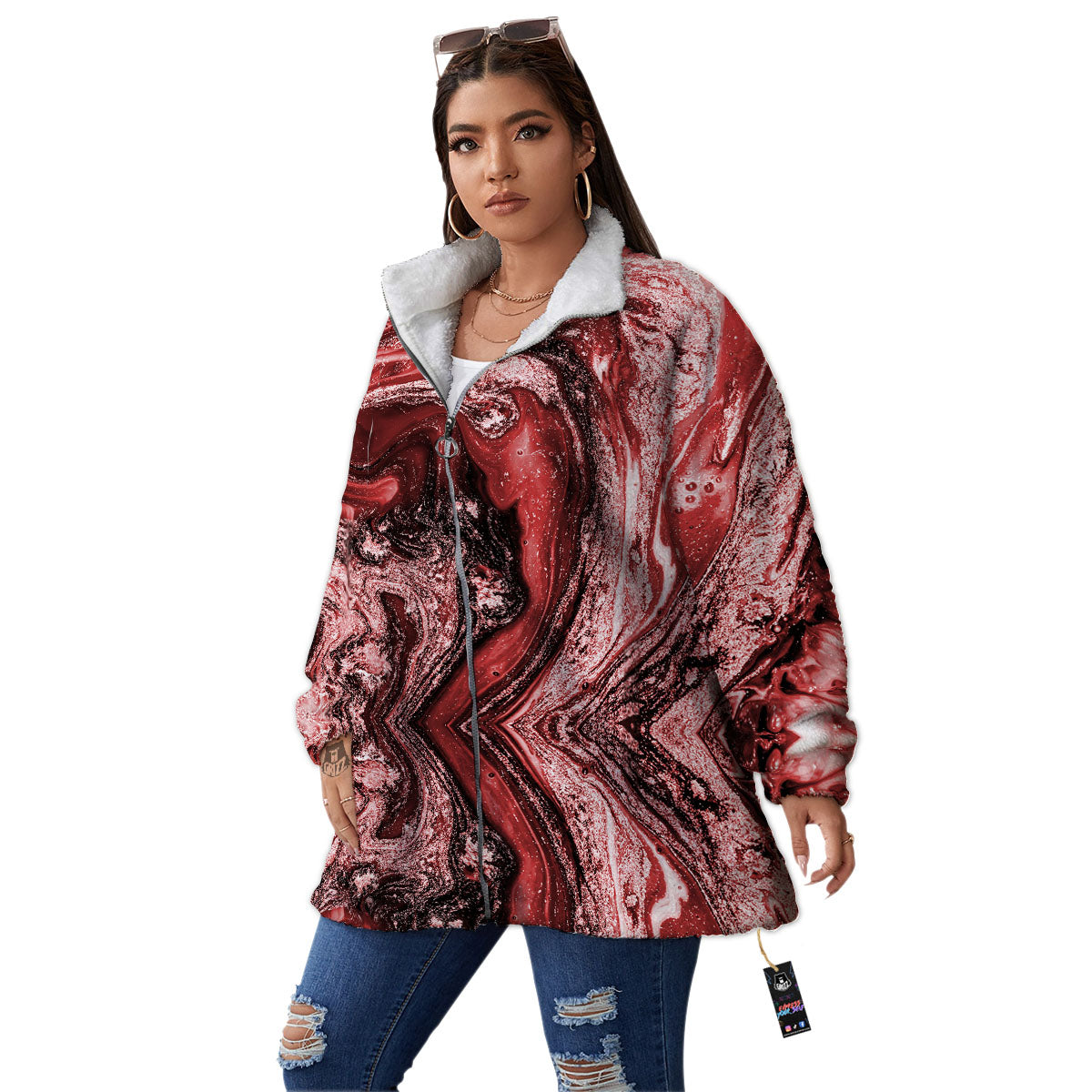 Marble Red Print Pattern Women's Sherpa Jacket-grizzshop