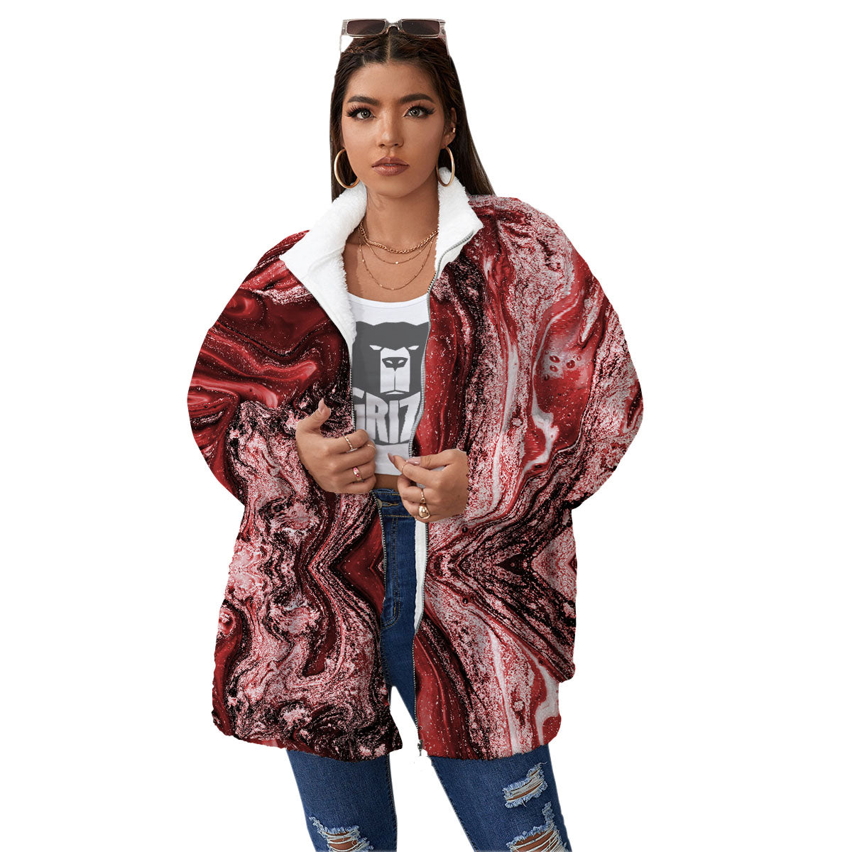 Marble Red Print Pattern Women's Sherpa Jacket-grizzshop