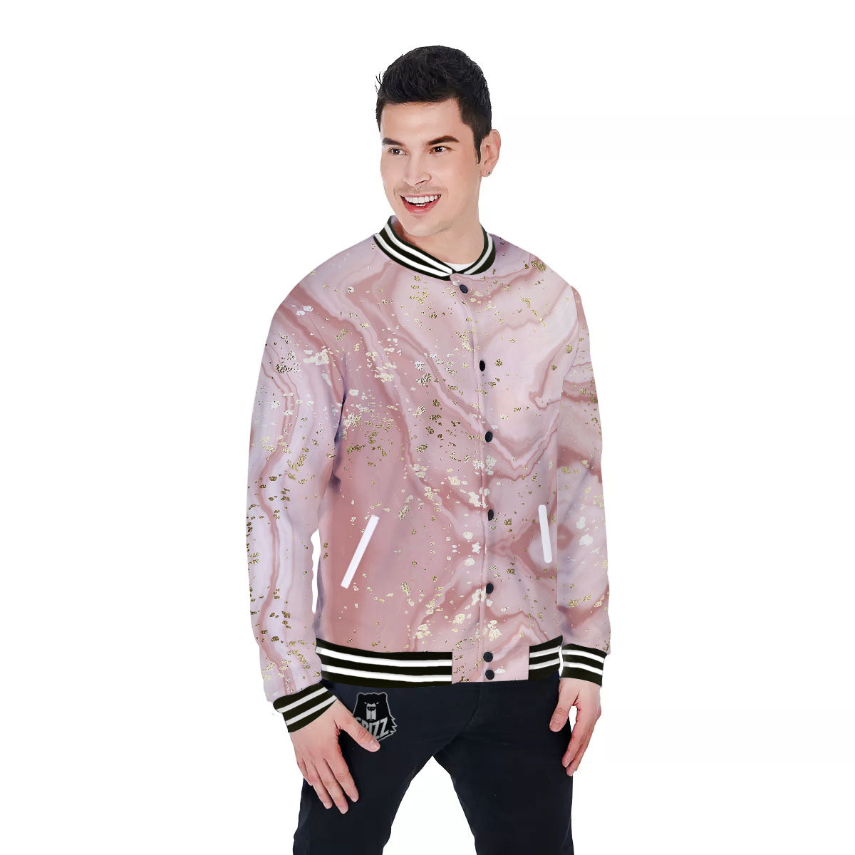 Marble Rose Pink Print Pattern Baseball Jacket-grizzshop