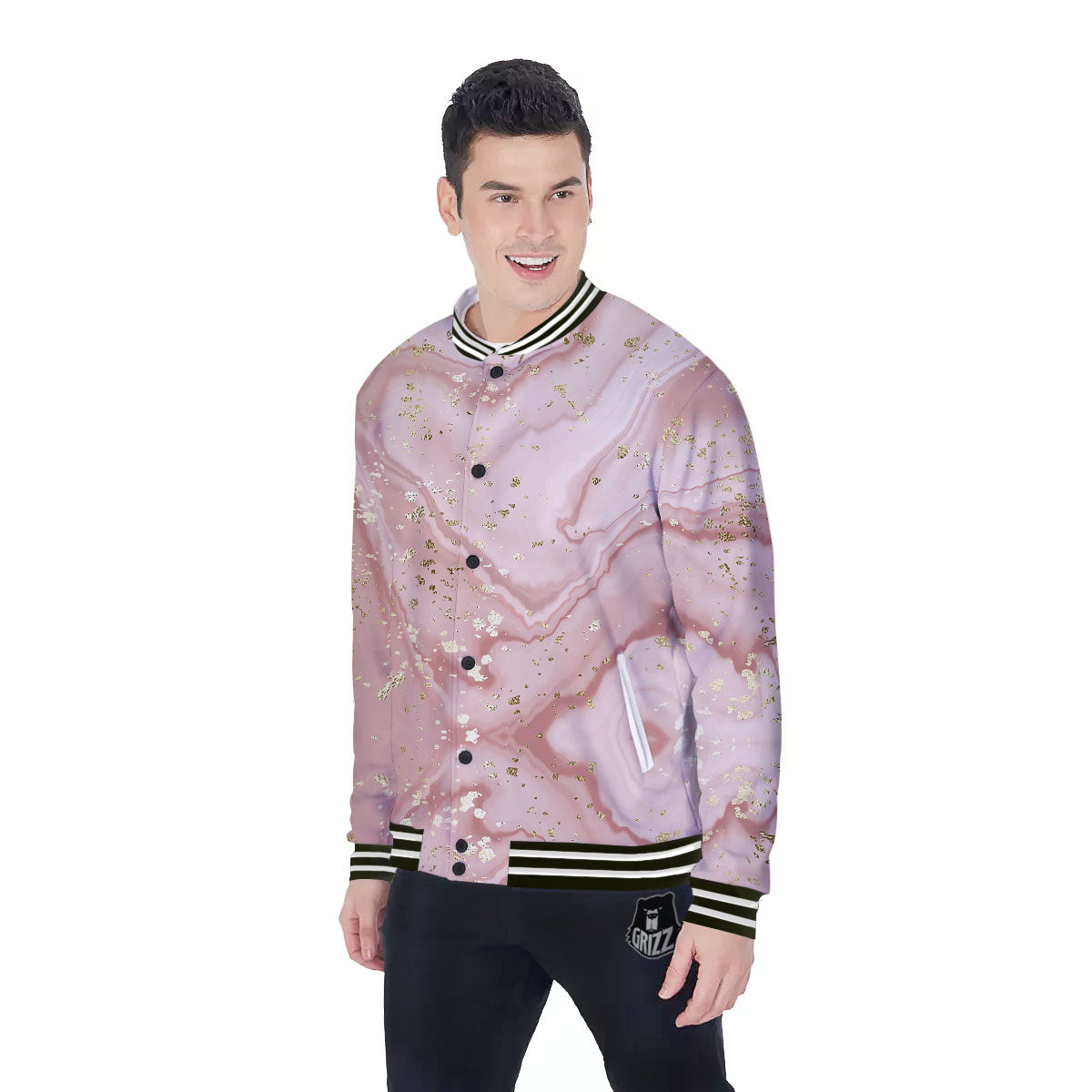 Marble Rose Pink Print Pattern Baseball Jacket-grizzshop