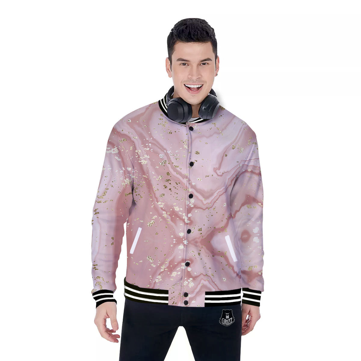Marble Rose Pink Print Pattern Baseball Jacket-grizzshop