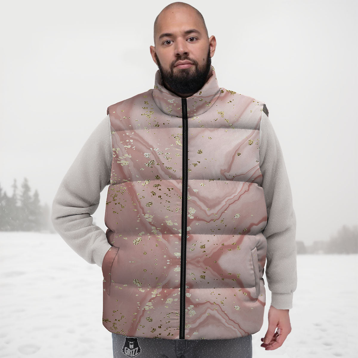 Marble Rose Pink Print Pattern Down Vest-grizzshop