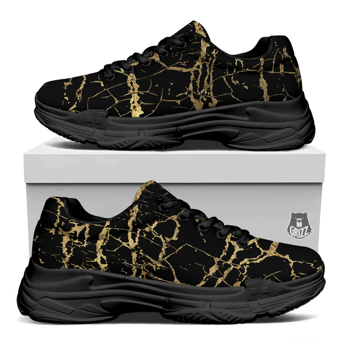 Marble Scratch Black Gold Print Marble Black Chunky Shoes-grizzshop