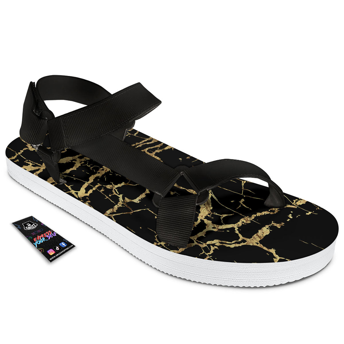 Marble Scratch Black Gold Print Marble Black Open Toe Sandals-grizzshop