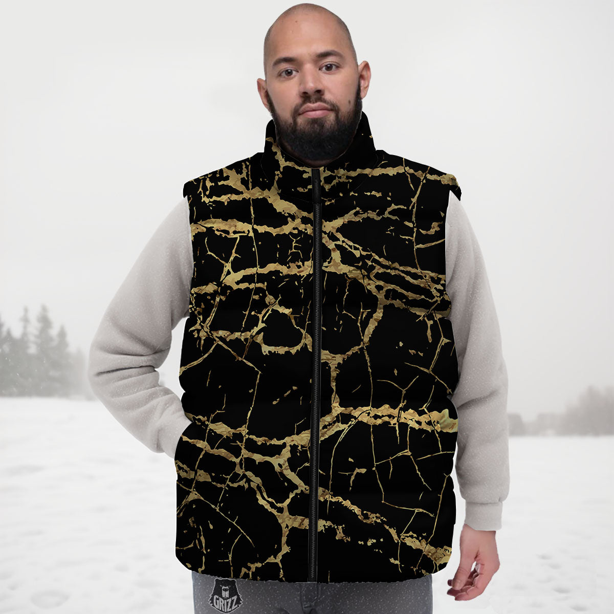 Marble Scratch Black Gold Print Marble Down Vest