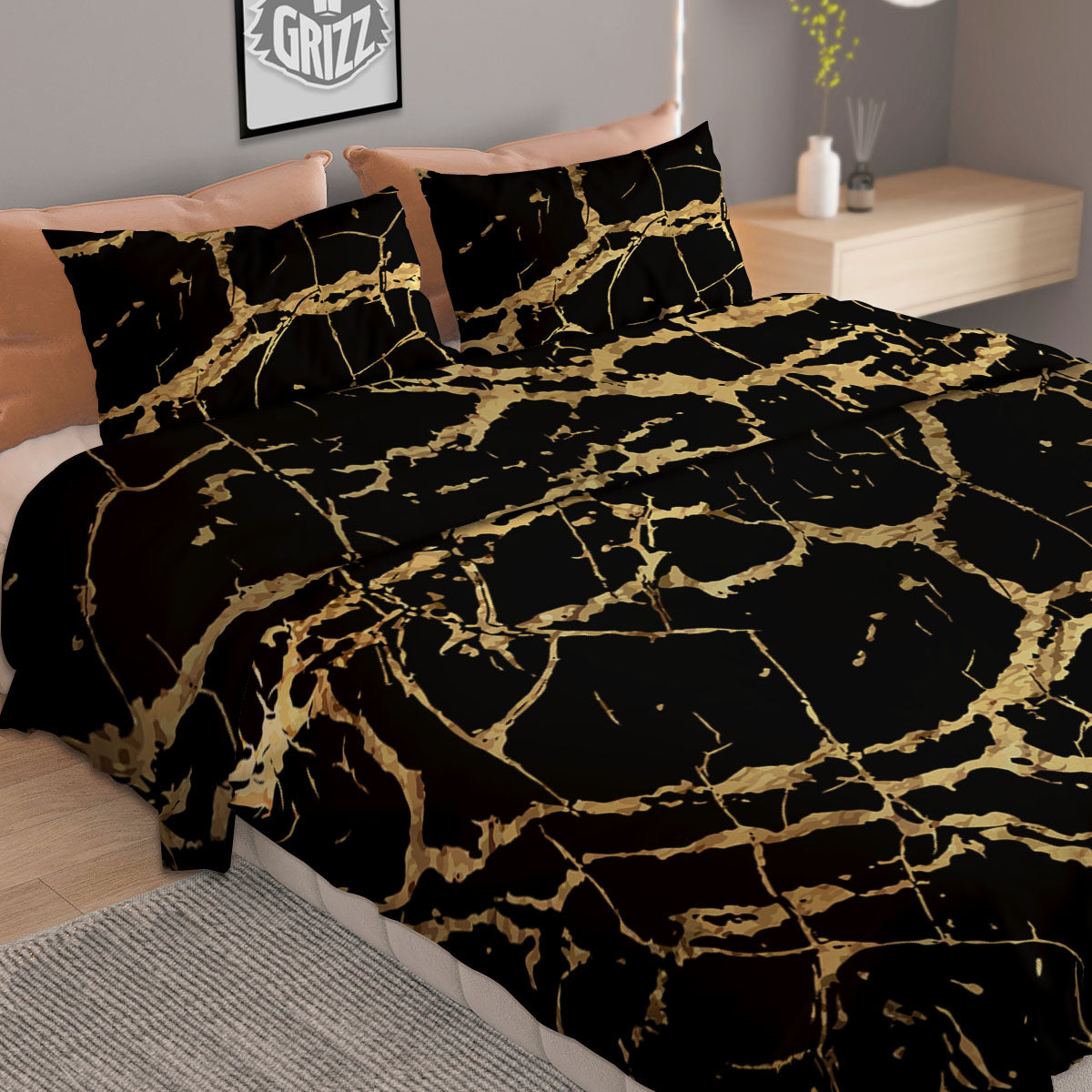 Marble Scratch Black Gold Print Marble Duvet Cover Bedding Set