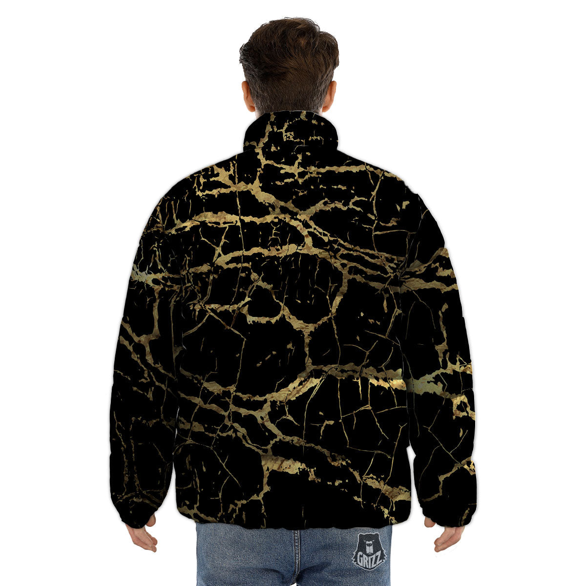 Marble Scratch Black Gold Print Marble Puffer Jacket-grizzshop