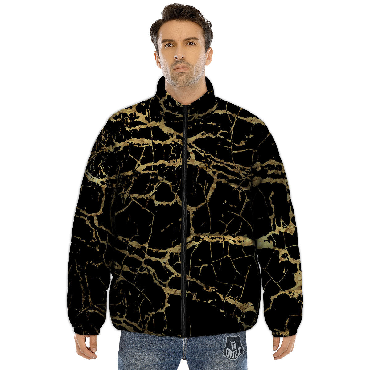 Marble Scratch Black Gold Print Marble Puffer Jacket-grizzshop