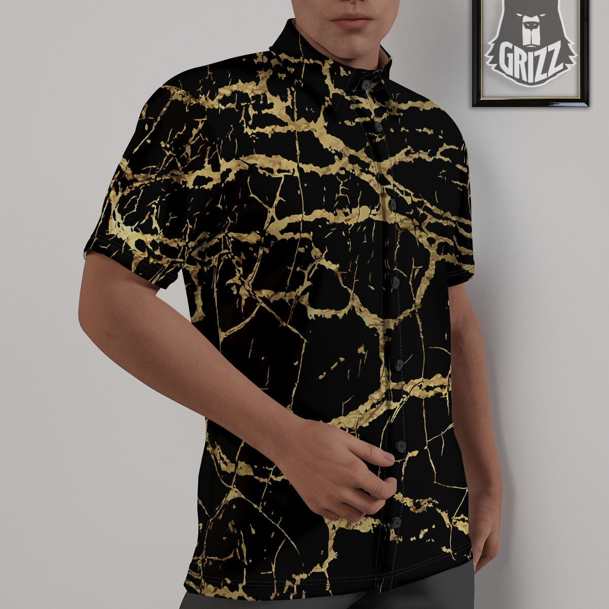 Marble Scratch Black Gold Print Marble Untucked Shirts-grizzshop
