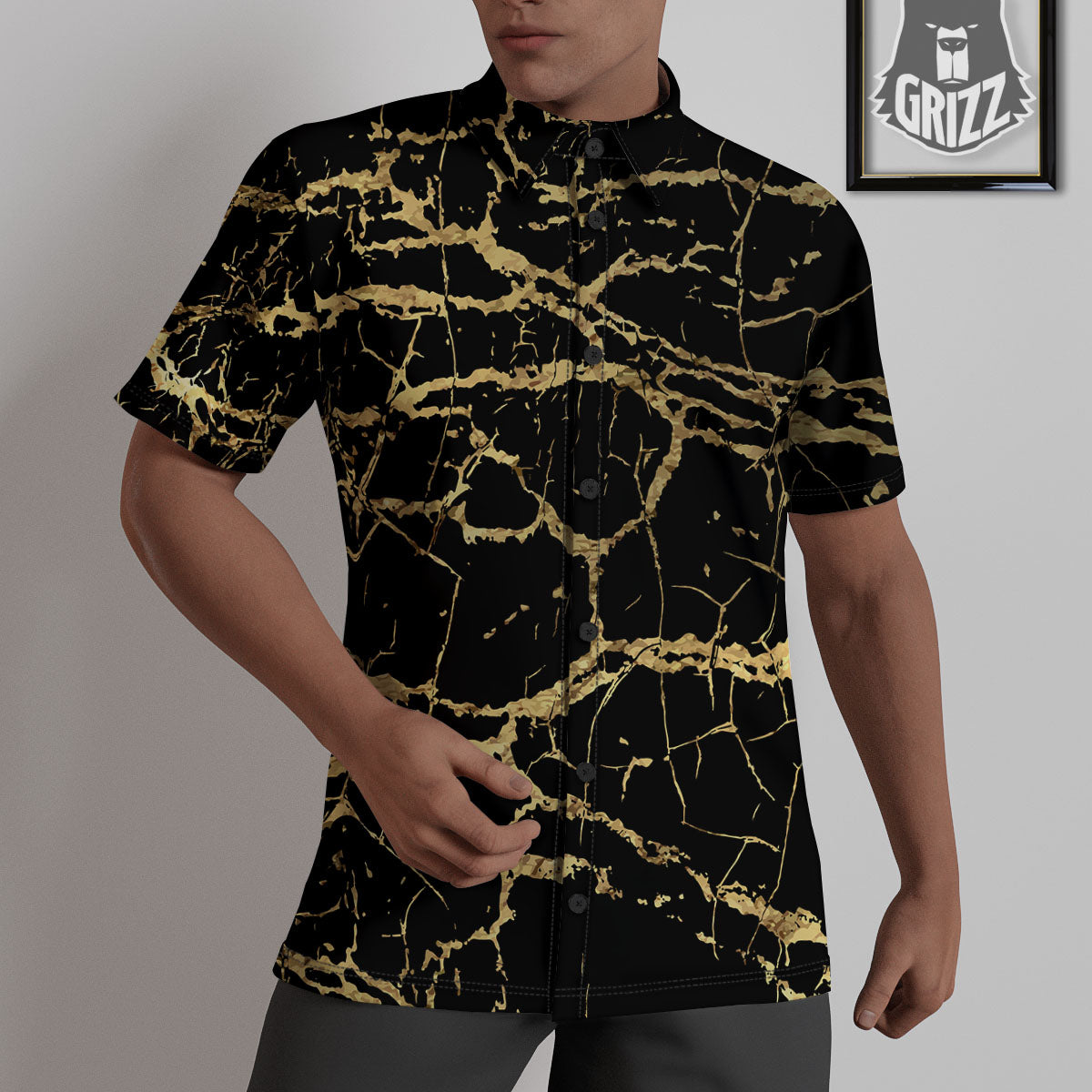Marble Scratch Black Gold Print Marble Untucked Shirts-grizzshop