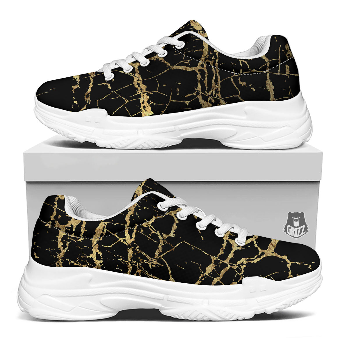 Marble Scratch Black Gold Print Marble White Chunky Shoes-grizzshop