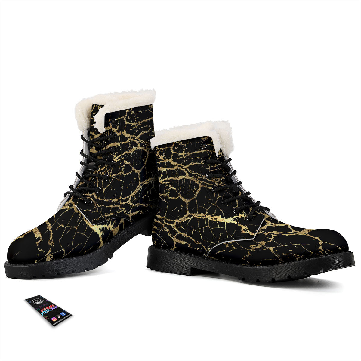 Marble Scratch Black Gold Print Marble Winter Boots-grizzshop