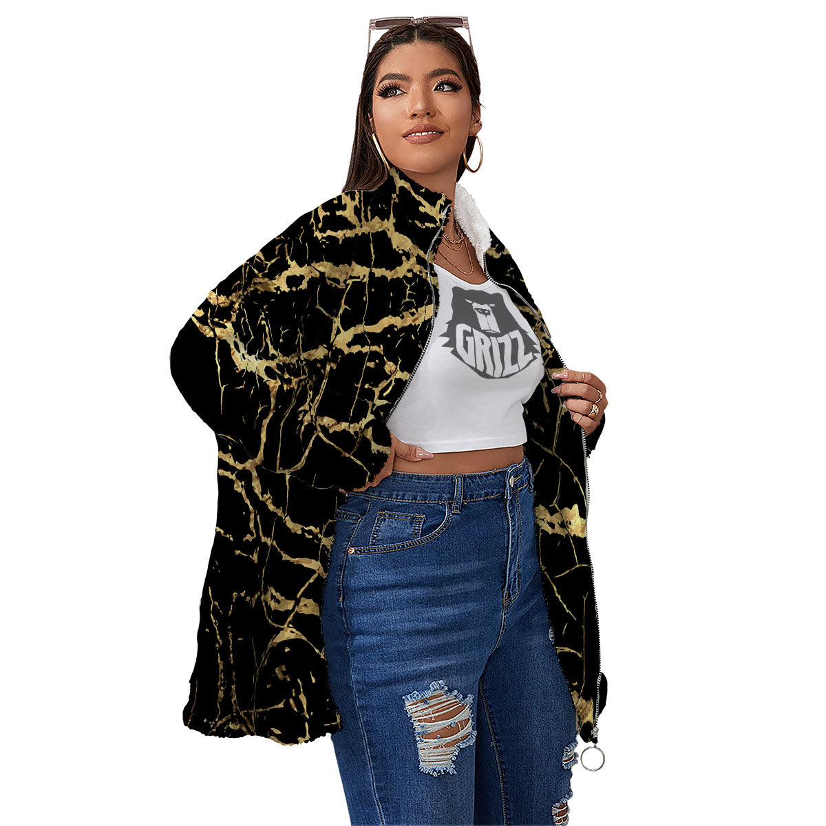 Marble Scratch Black Gold Print Marble Women's Sherpa Jacket-grizzshop