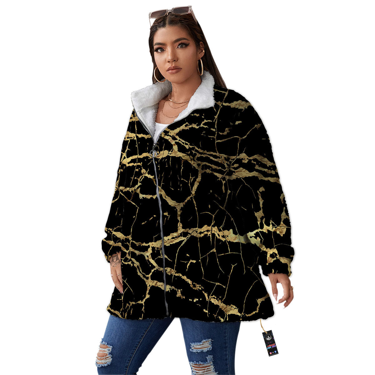 Marble Scratch Black Gold Print Marble Women's Sherpa Jacket-grizzshop
