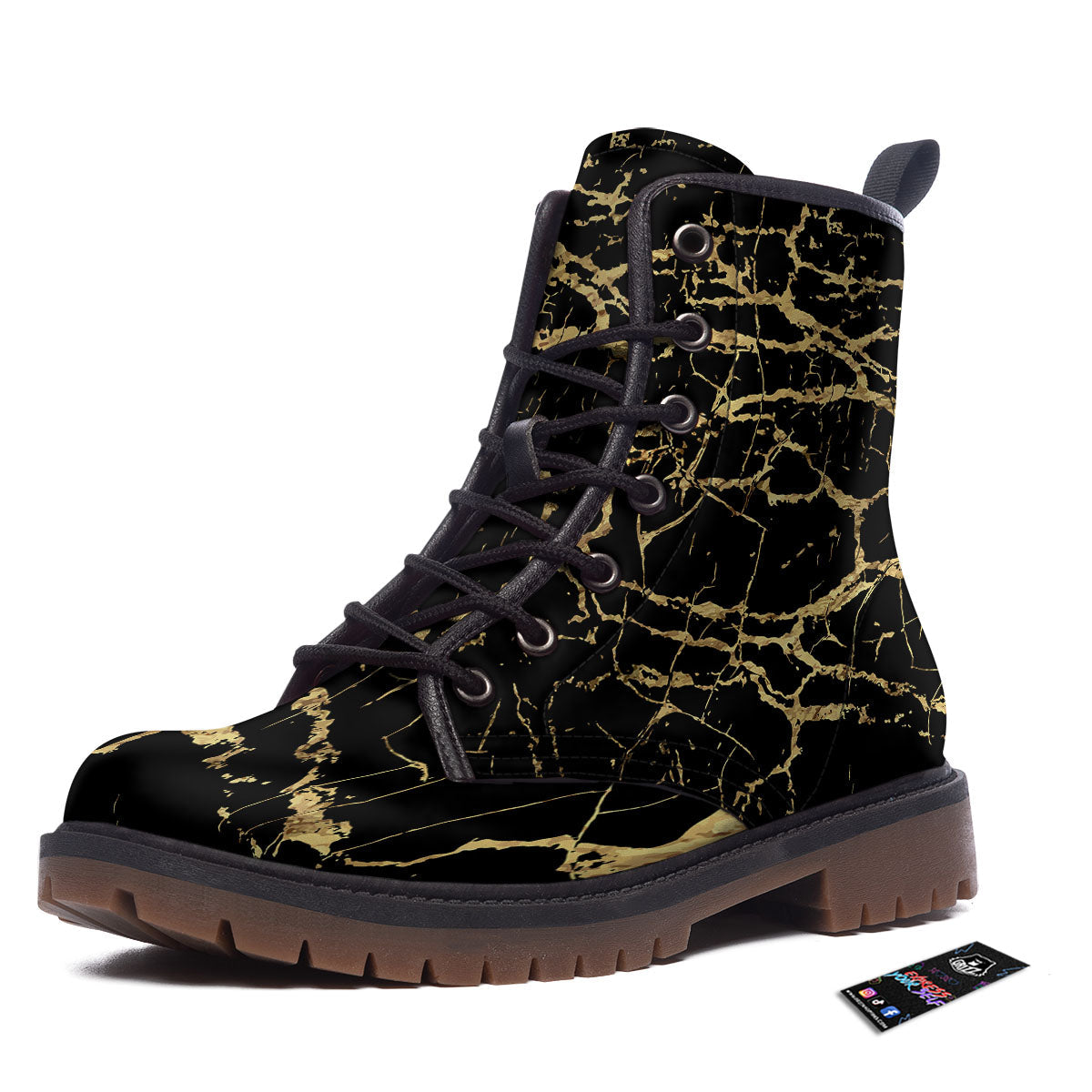 Marble Scratch Black Gold Print Marble Work Boots-grizzshop