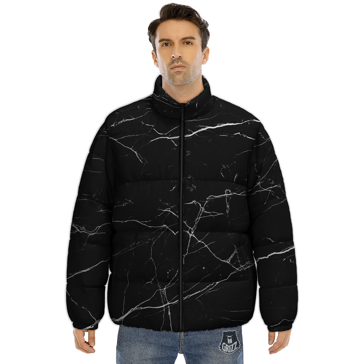 Marble Scratch Black White Print Puffer Jacket-grizzshop