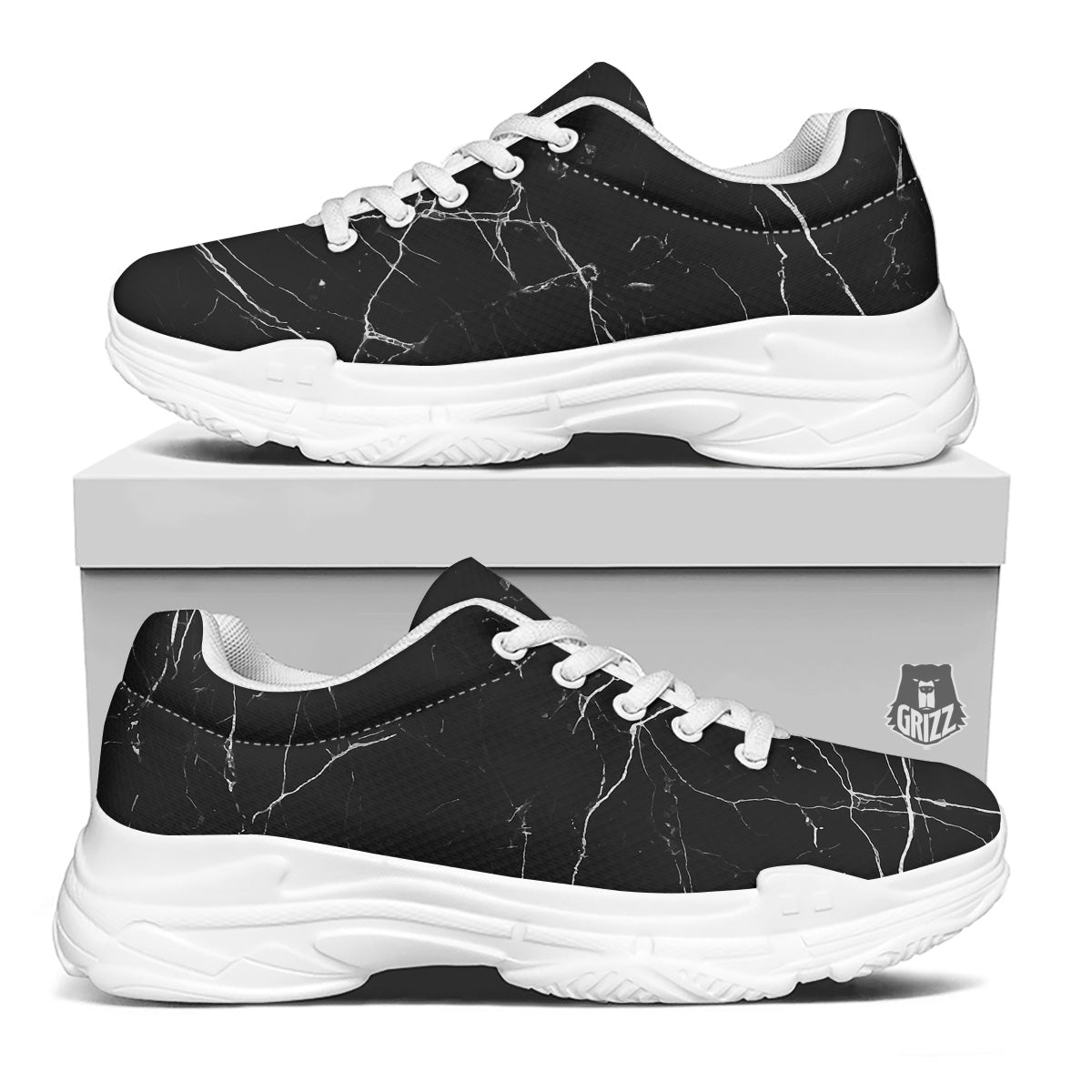 Marble Scratch Black White Print White Chunky Shoes-grizzshop