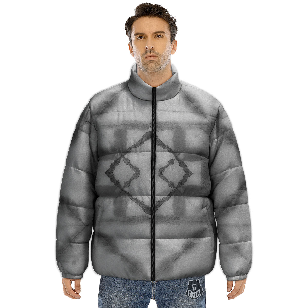 Marble Silver Grey Print Pattern Puffer Jacket-grizzshop