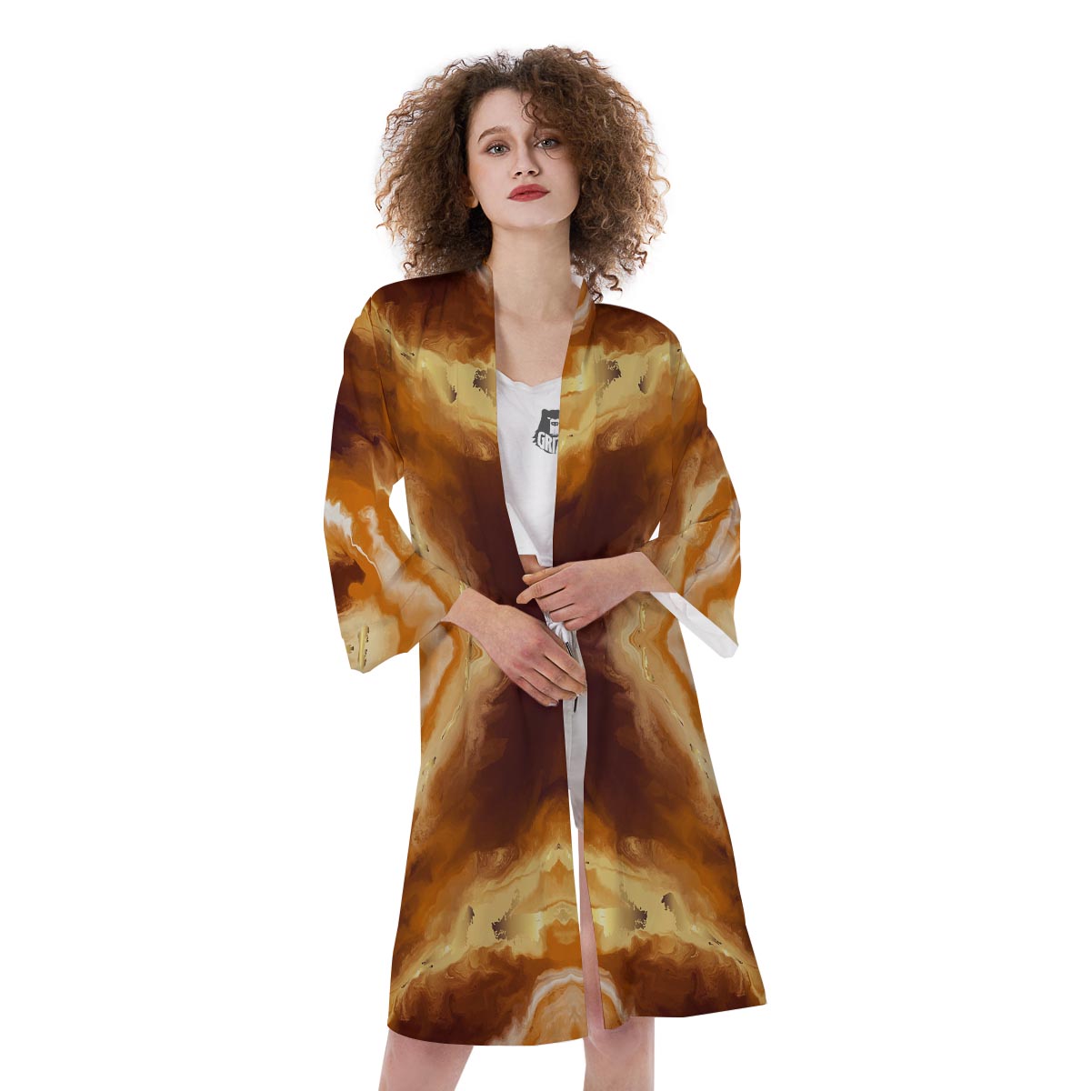 Marble Sugar Brown Print Pattern Kimono-grizzshop