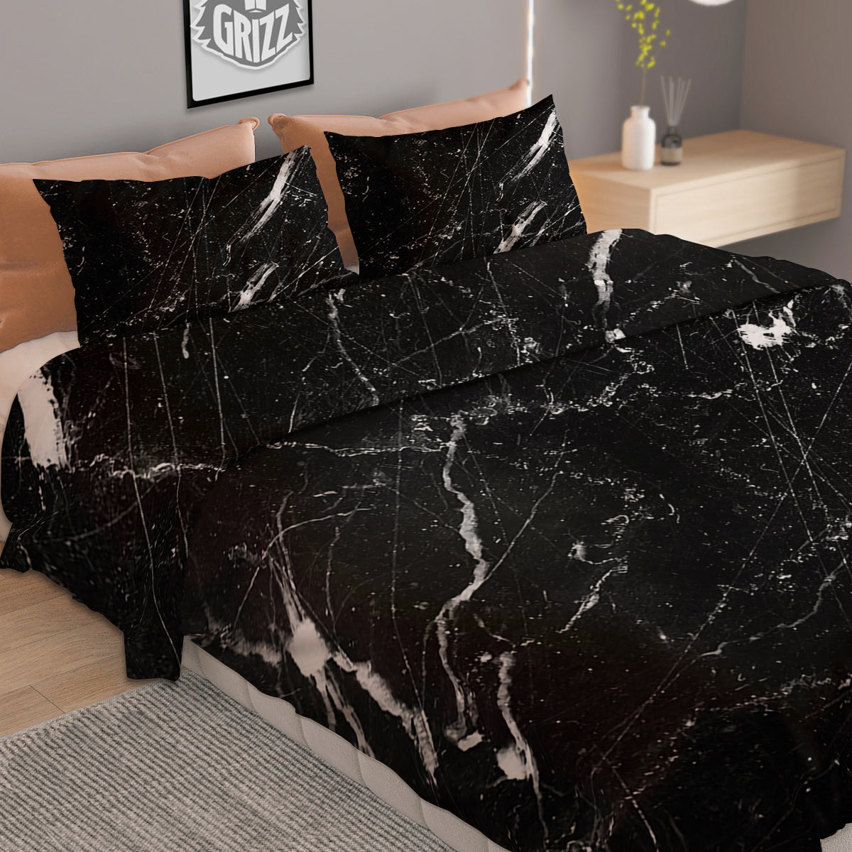 Marble White Dark Grey Print Duvet Cover Bedding Set