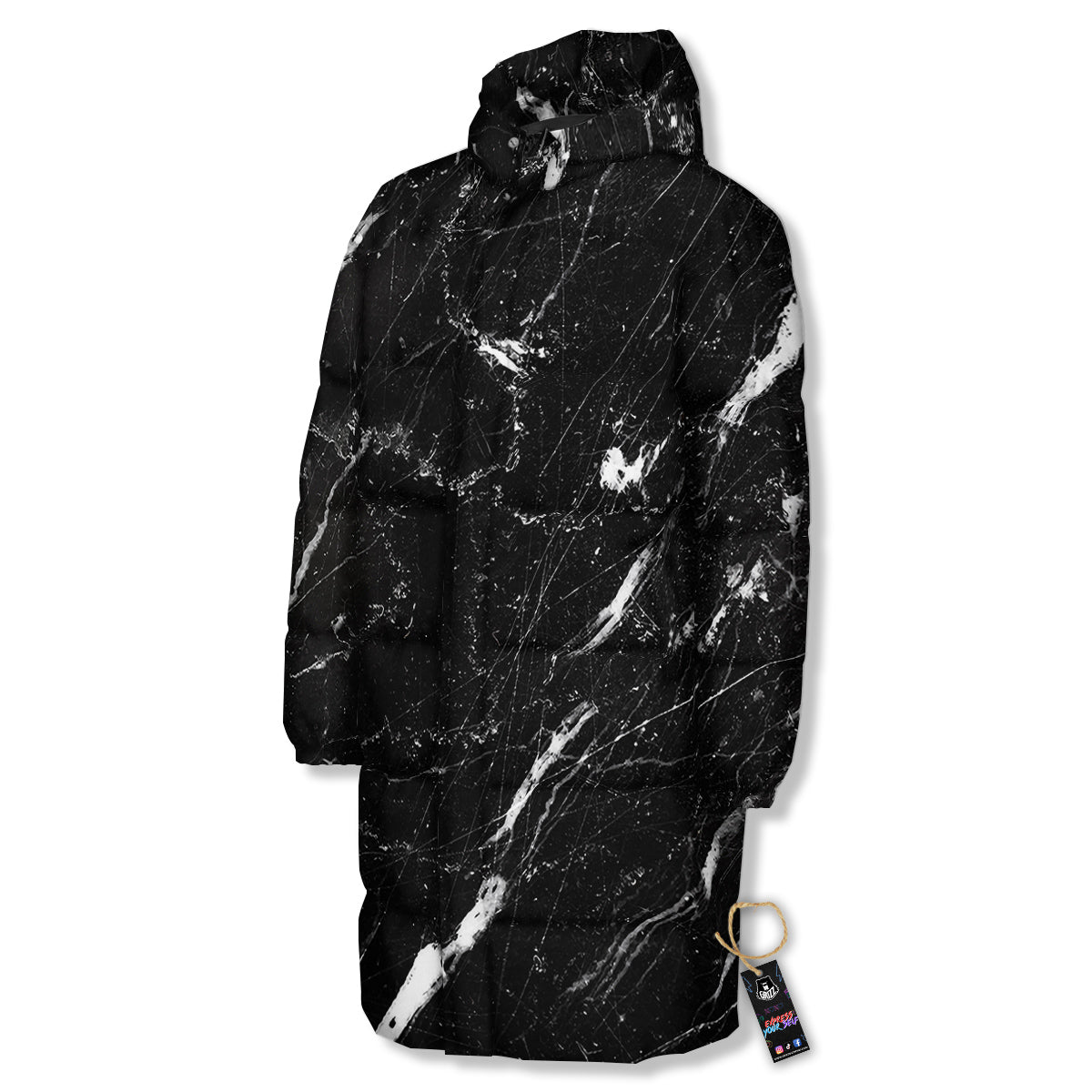 Marble White Dark Grey Print Long Down Jacket-grizzshop