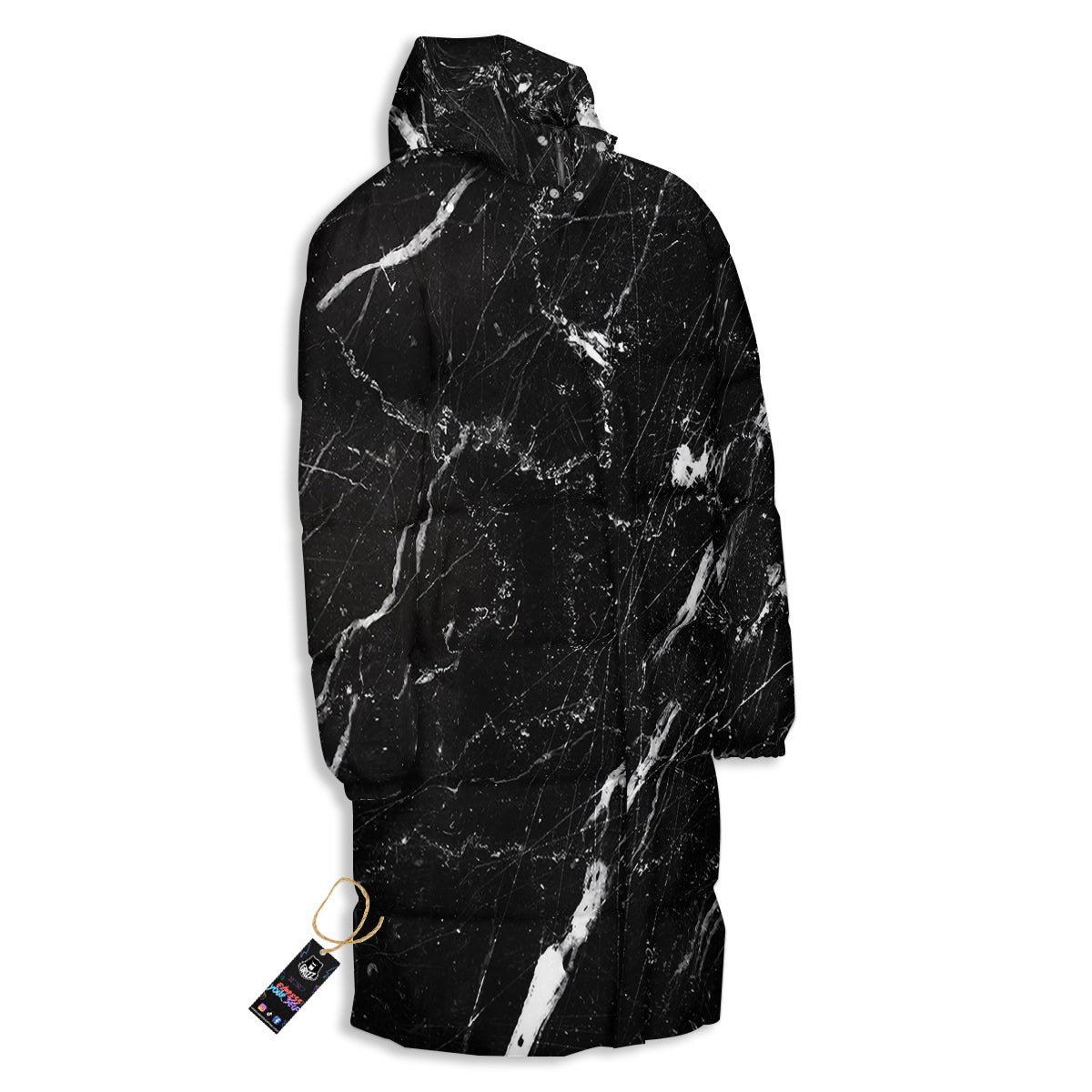 Marble White Dark Grey Print Long Down Jacket-grizzshop