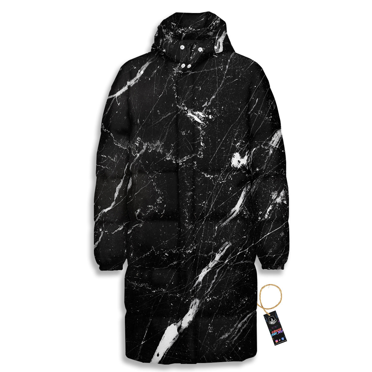 Marble White Dark Grey Print Long Down Jacket-grizzshop