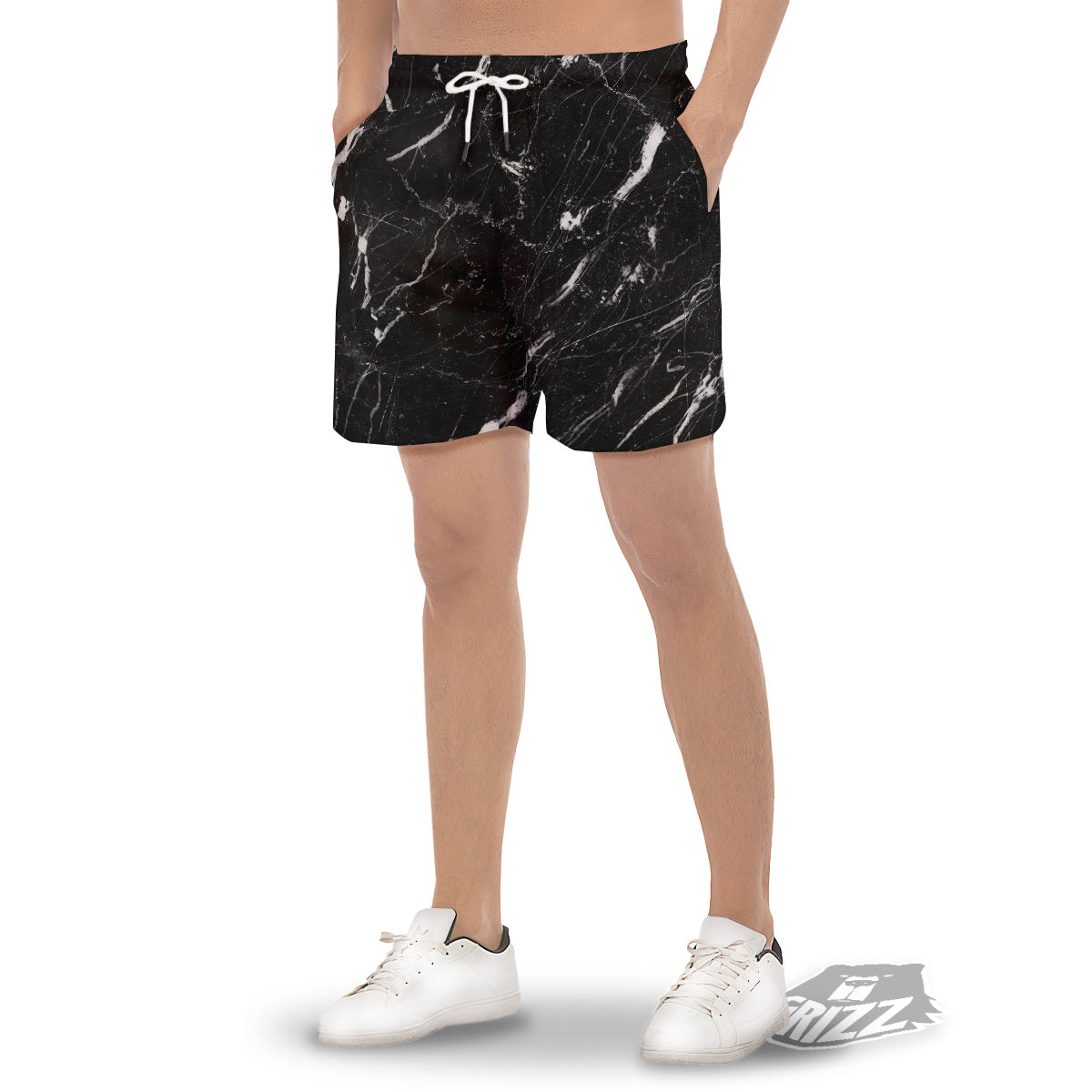 Marble White Dark Grey Print Men's Gym Shorts-grizzshop