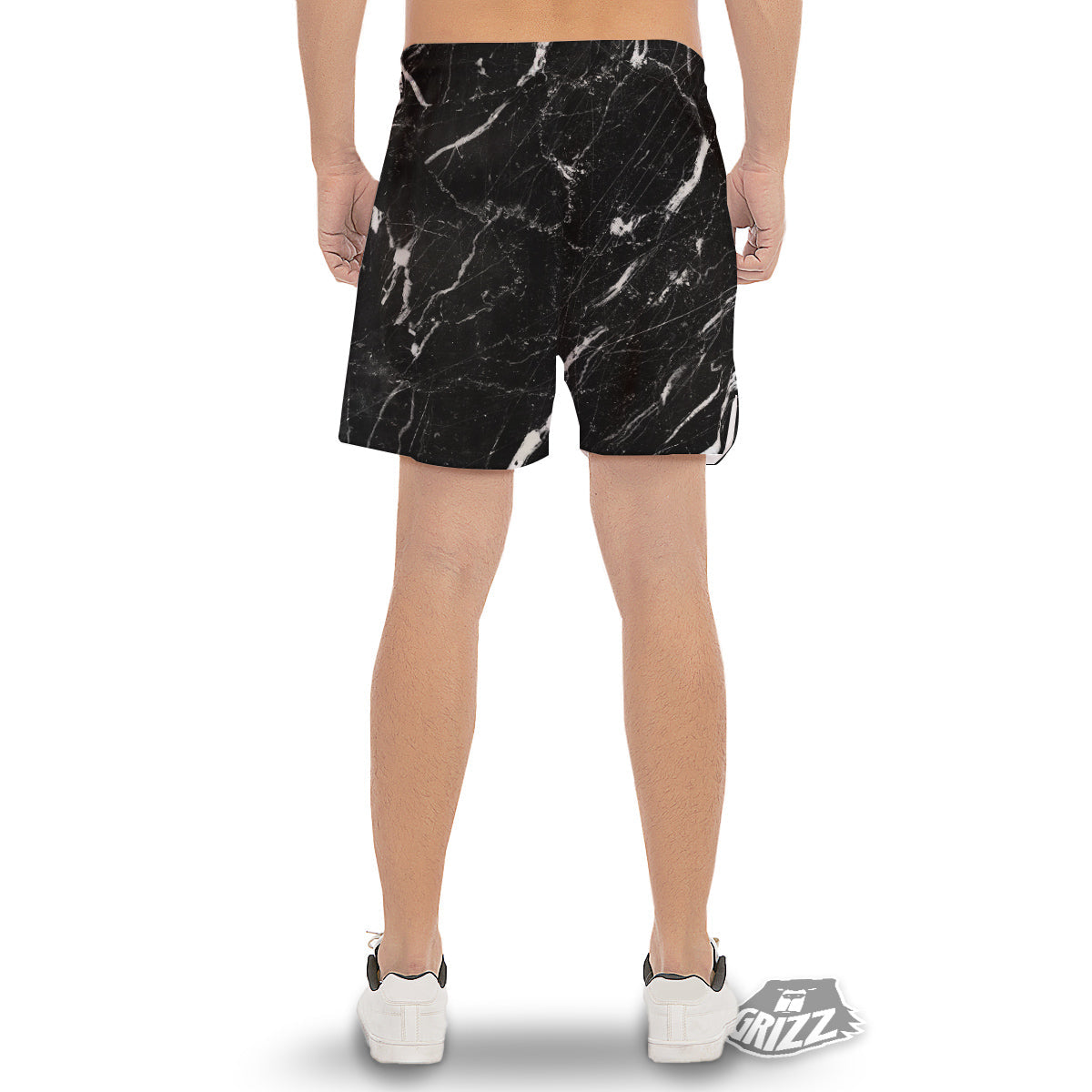 Marble White Dark Grey Print Men's Gym Shorts-grizzshop