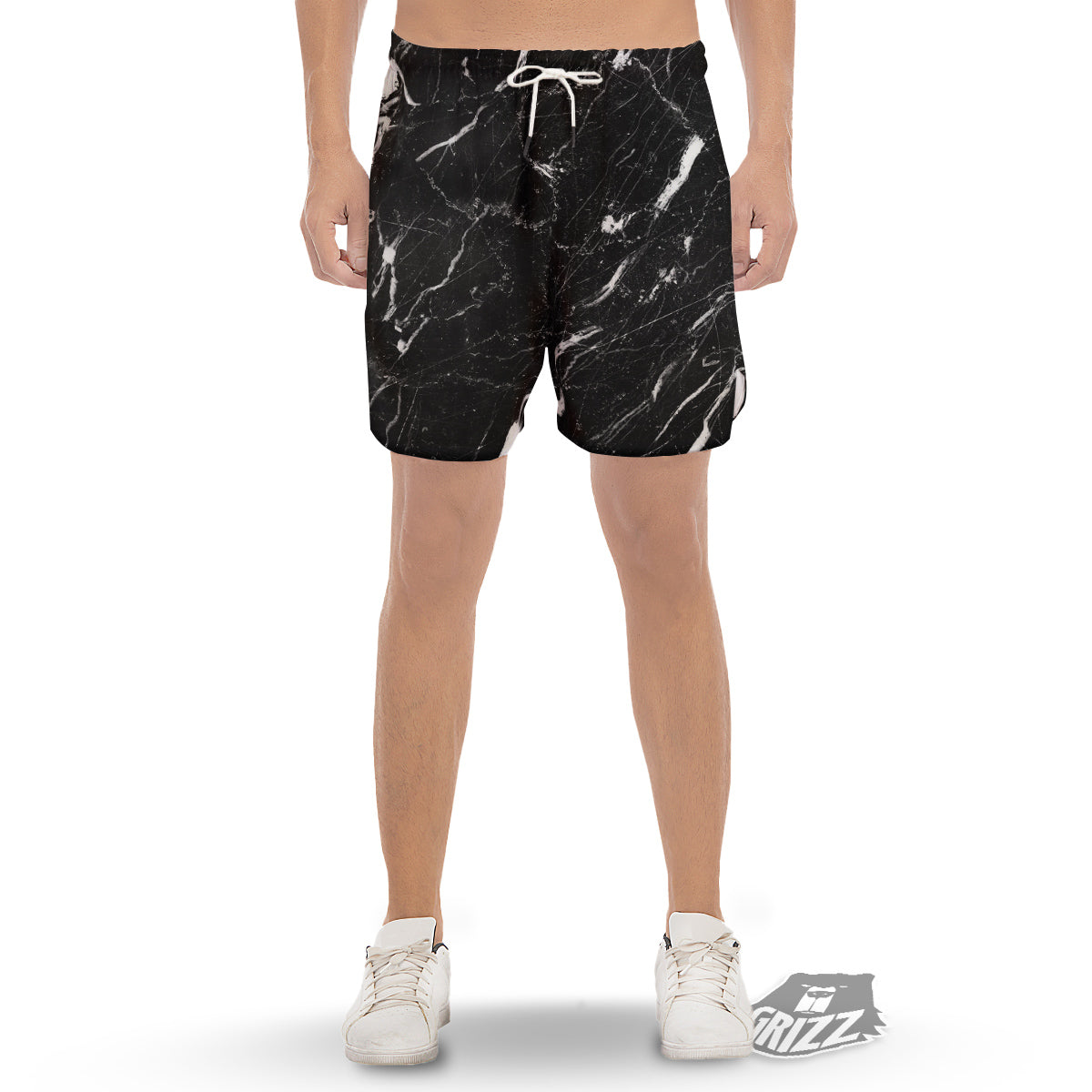 Marble White Dark Grey Print Men's Gym Shorts-grizzshop