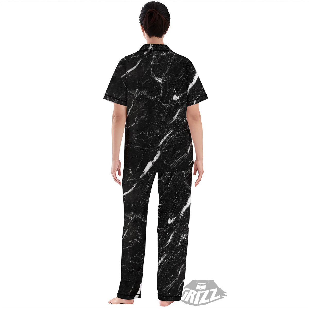 Marble White Dark Grey Print Women's Pajamas Set-grizzshop
