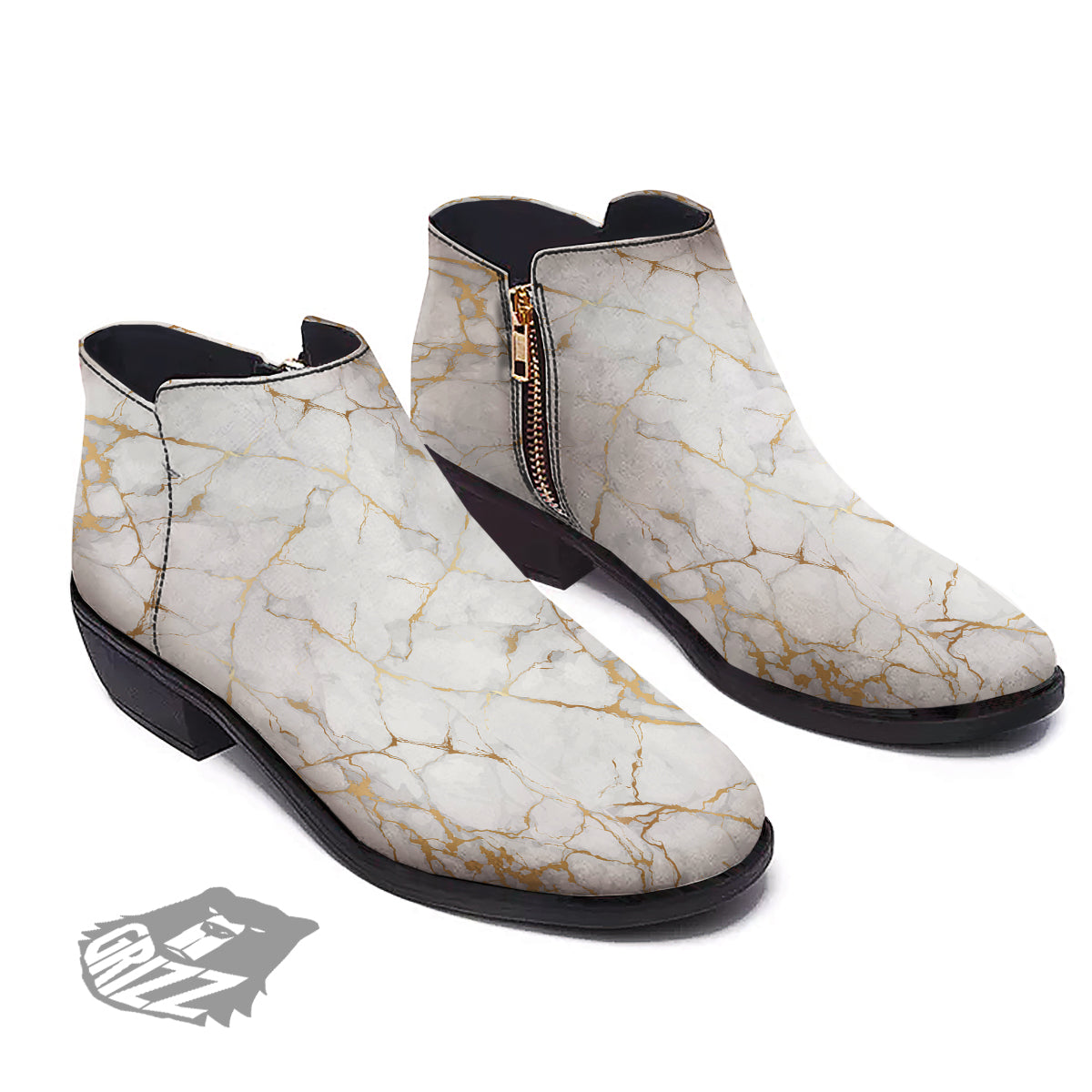 Marble White Gold Print Pattern Ankle Boots-grizzshop