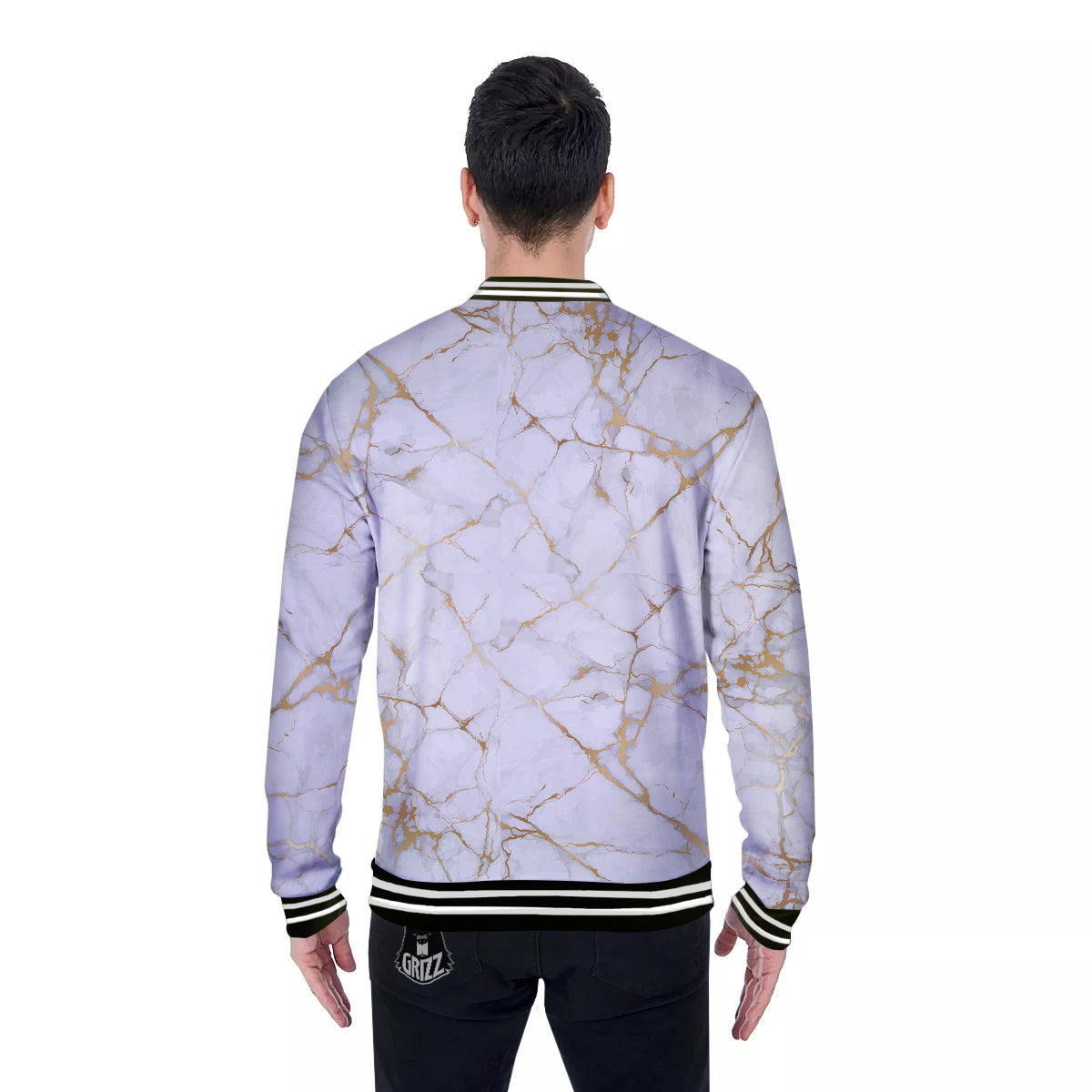 Marble White Gold Print Pattern Baseball Jacket-grizzshop