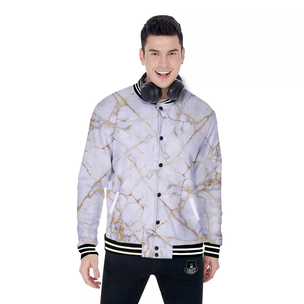 Marble White Gold Print Pattern Baseball Jacket-grizzshop
