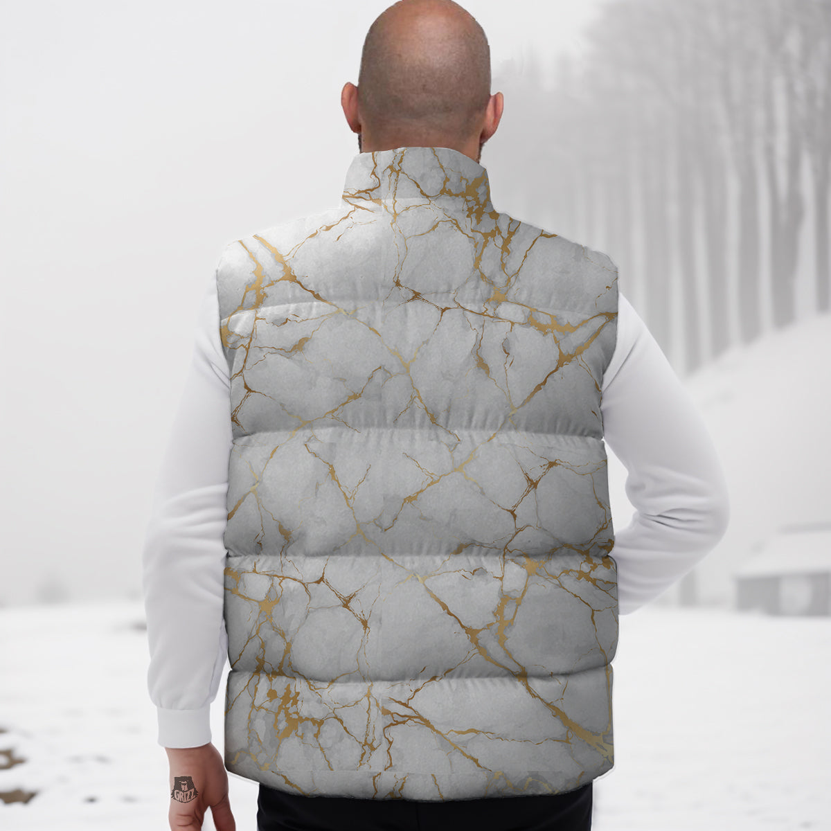 Marble White Gold Print Pattern Down Vest-grizzshop