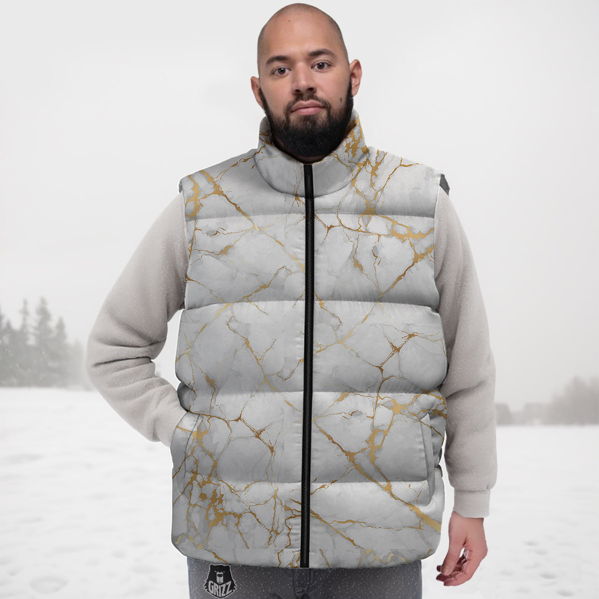 Marble White Gold Print Pattern Down Vest-grizzshop