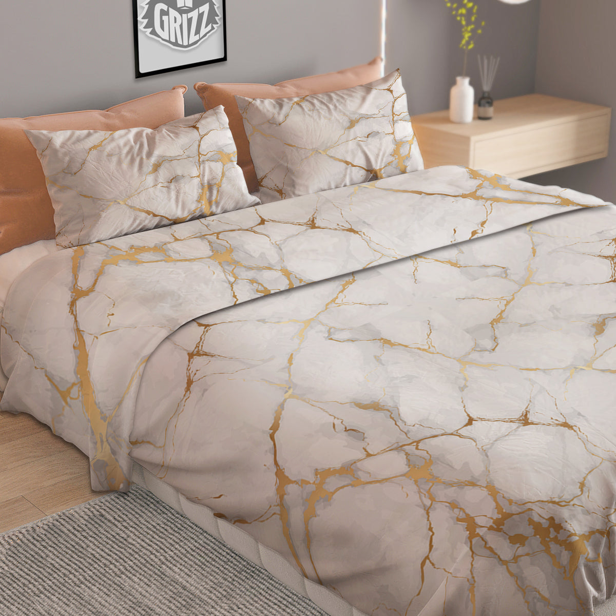 Marble White Gold Print Pattern Duvet Cover Bedding Set