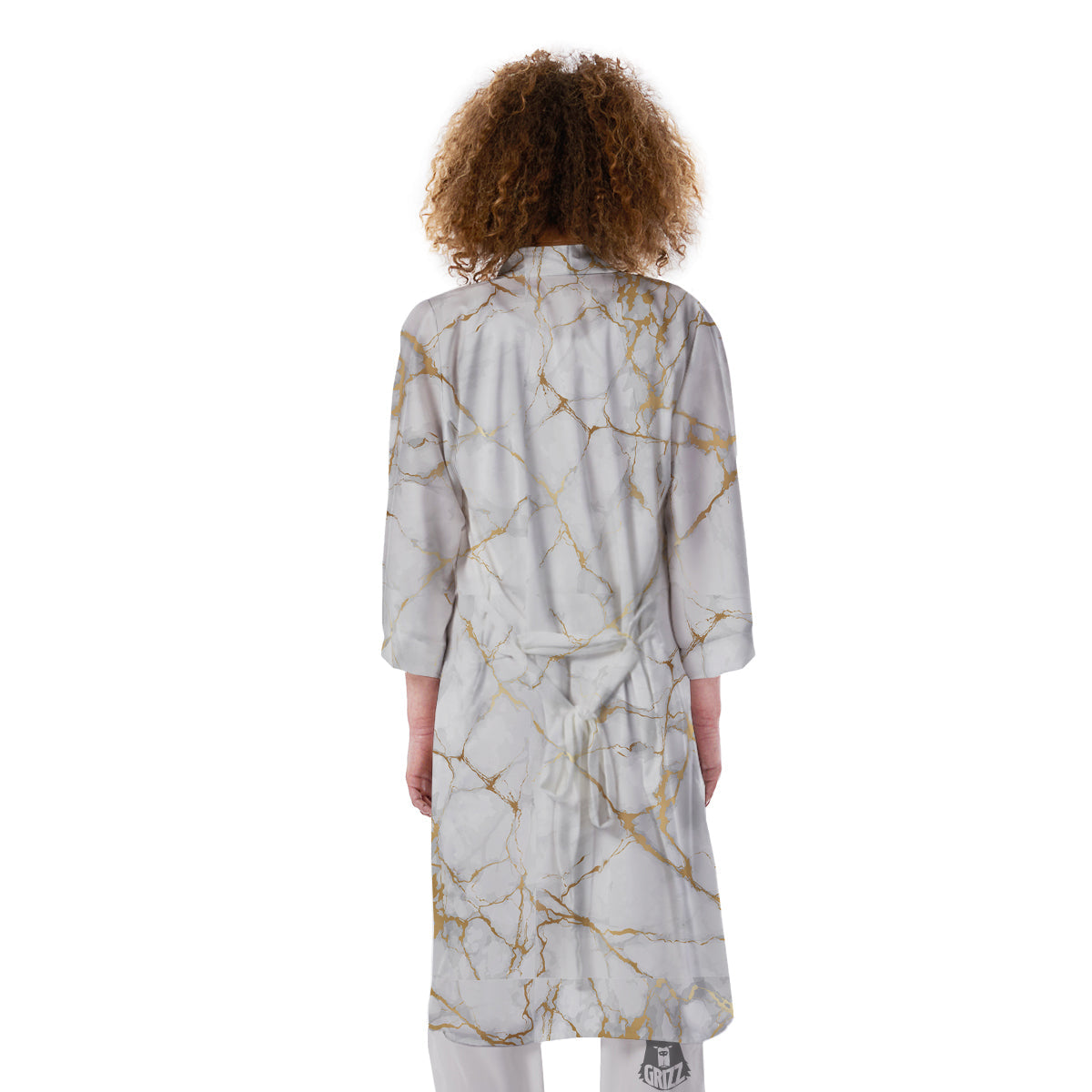 Marble White Gold Print Pattern Kimono-grizzshop