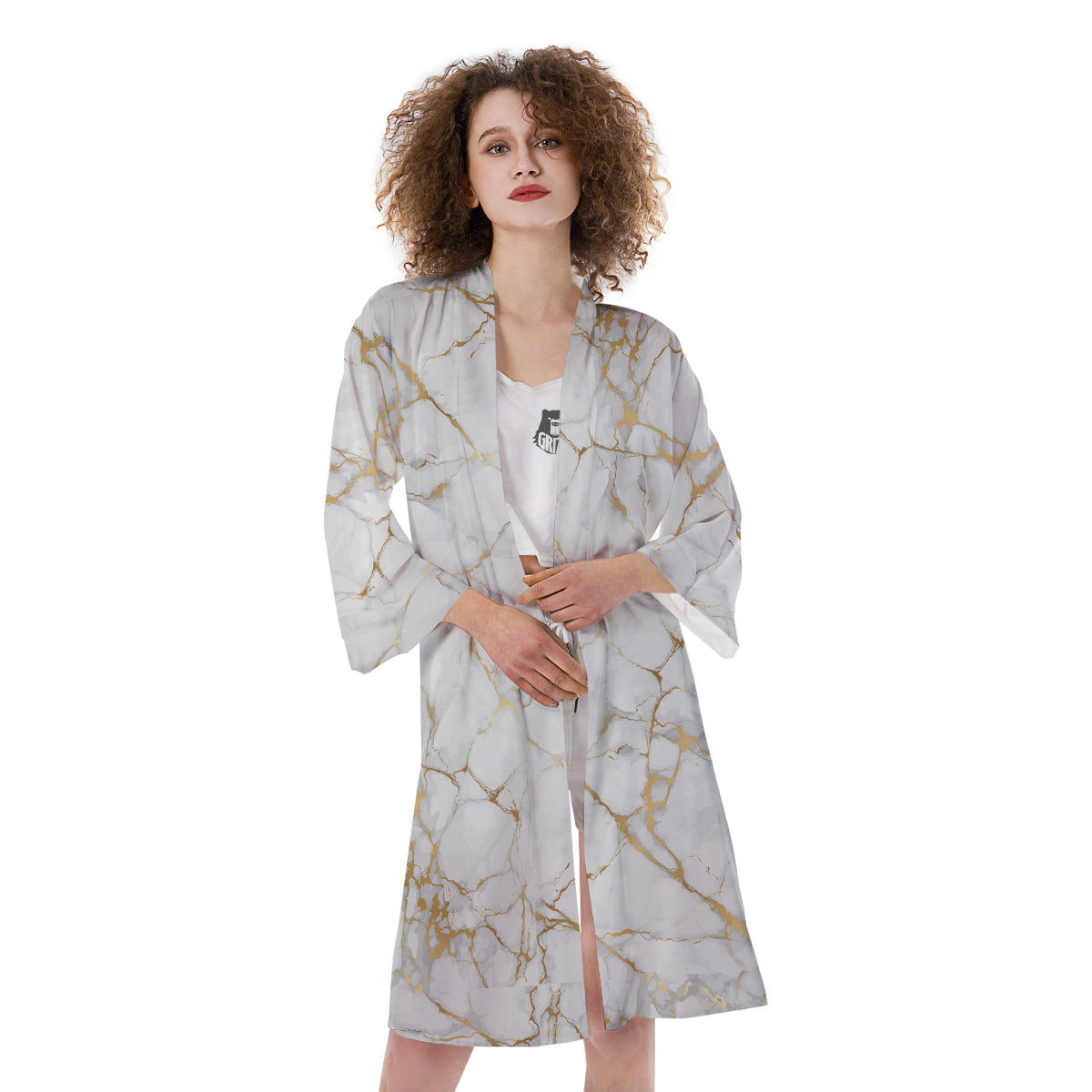 Marble White Gold Print Pattern Kimono-grizzshop