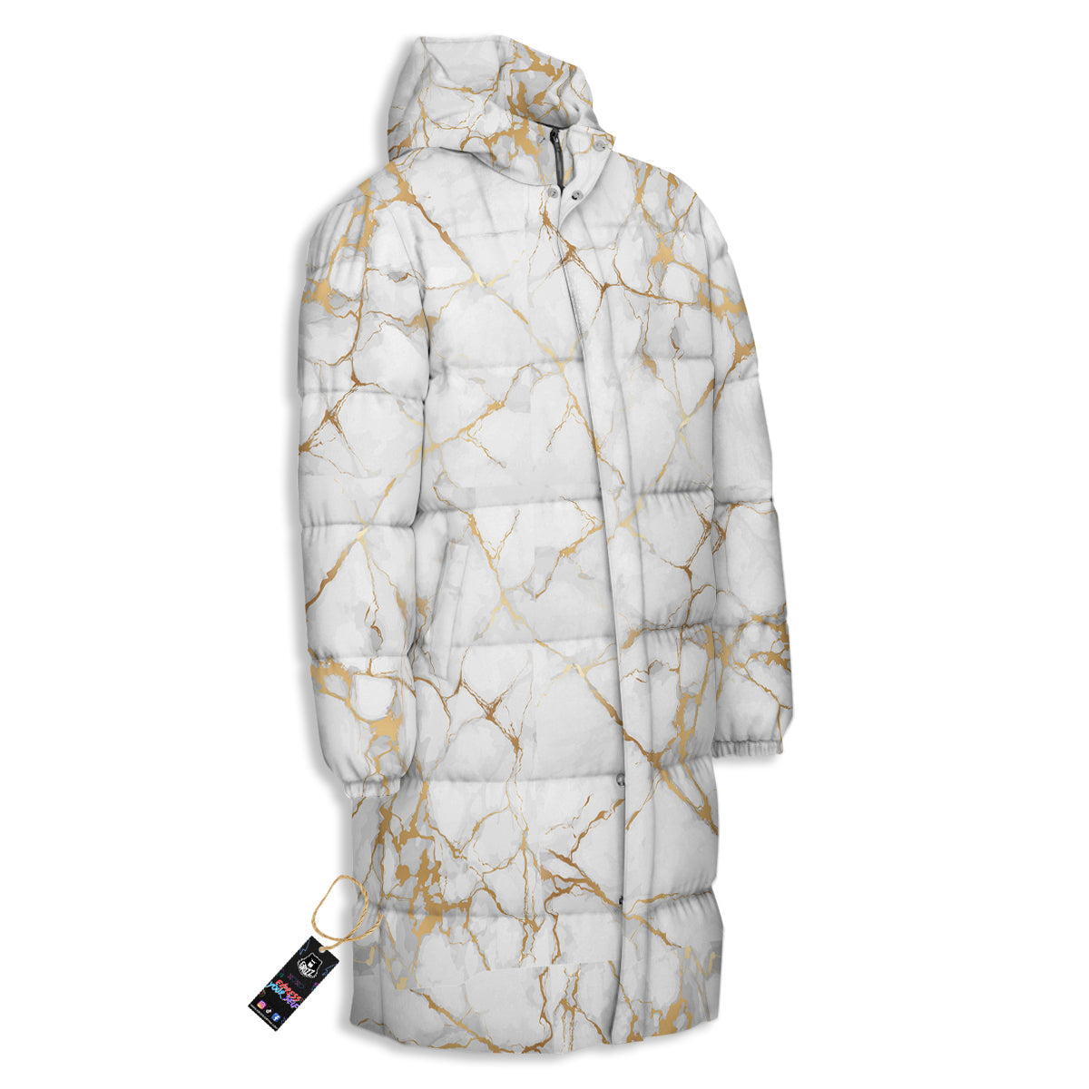 Marble White Gold Print Pattern Long Down Jacket-grizzshop