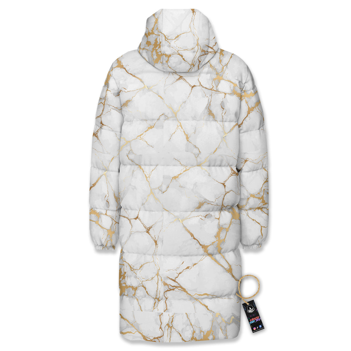 Marble White Gold Print Pattern Long Down Jacket-grizzshop
