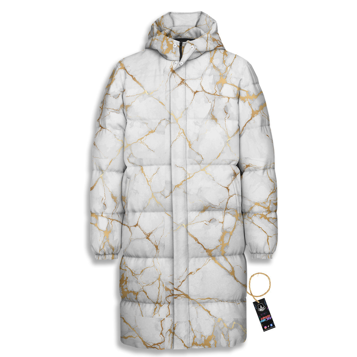 Marble White Gold Print Pattern Long Down Jacket-grizzshop