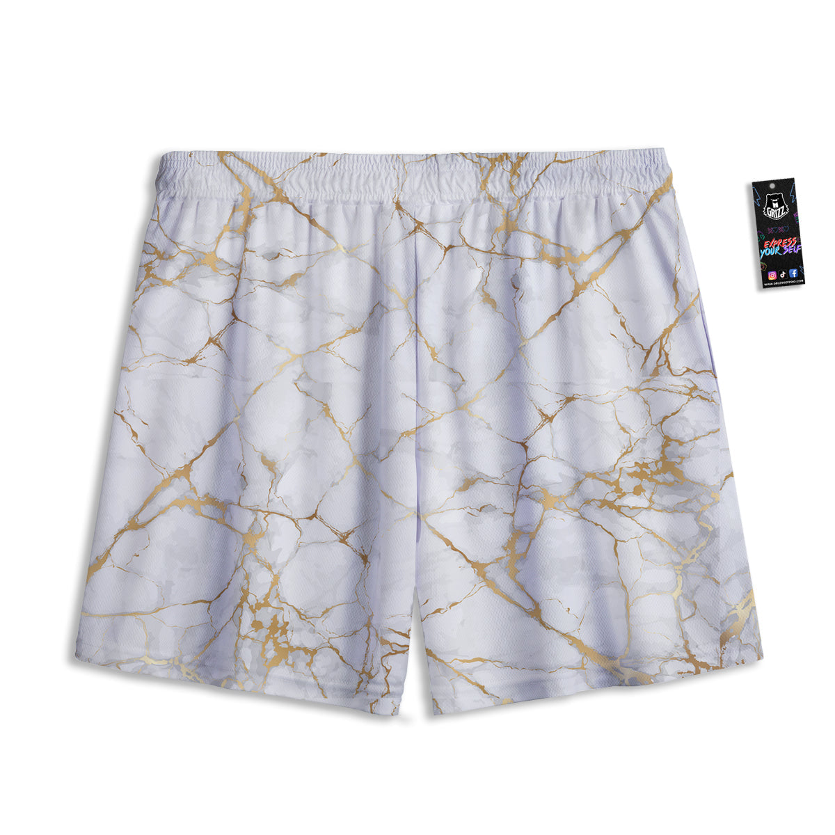 Marble White Gold Print Pattern Mesh Shorts