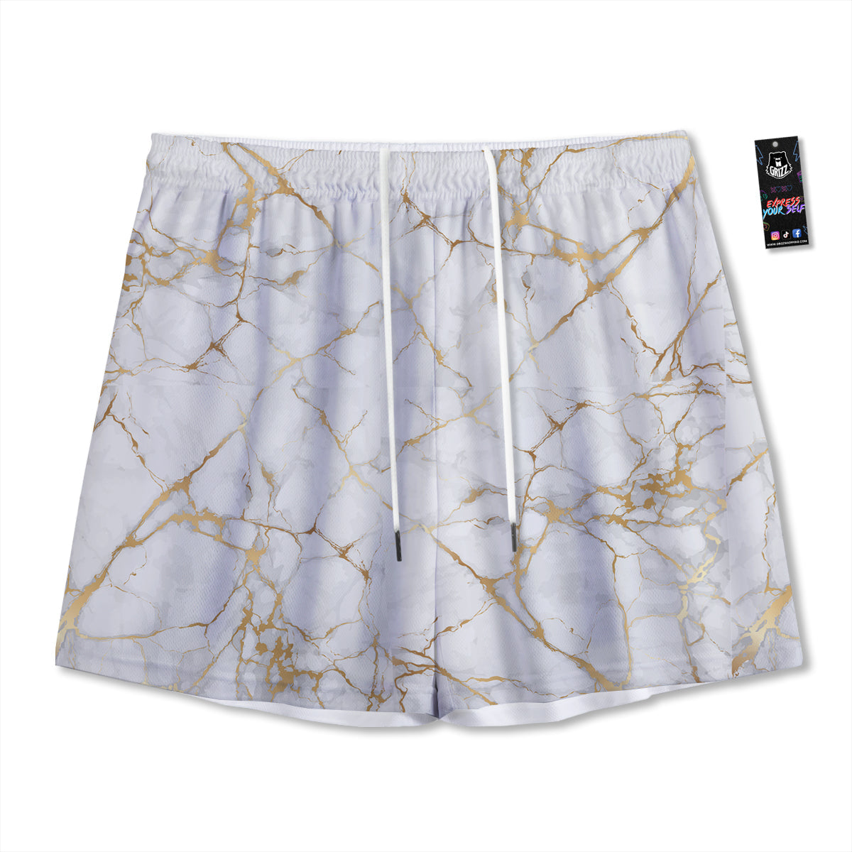 Marble White Gold Print Pattern Mesh Shorts