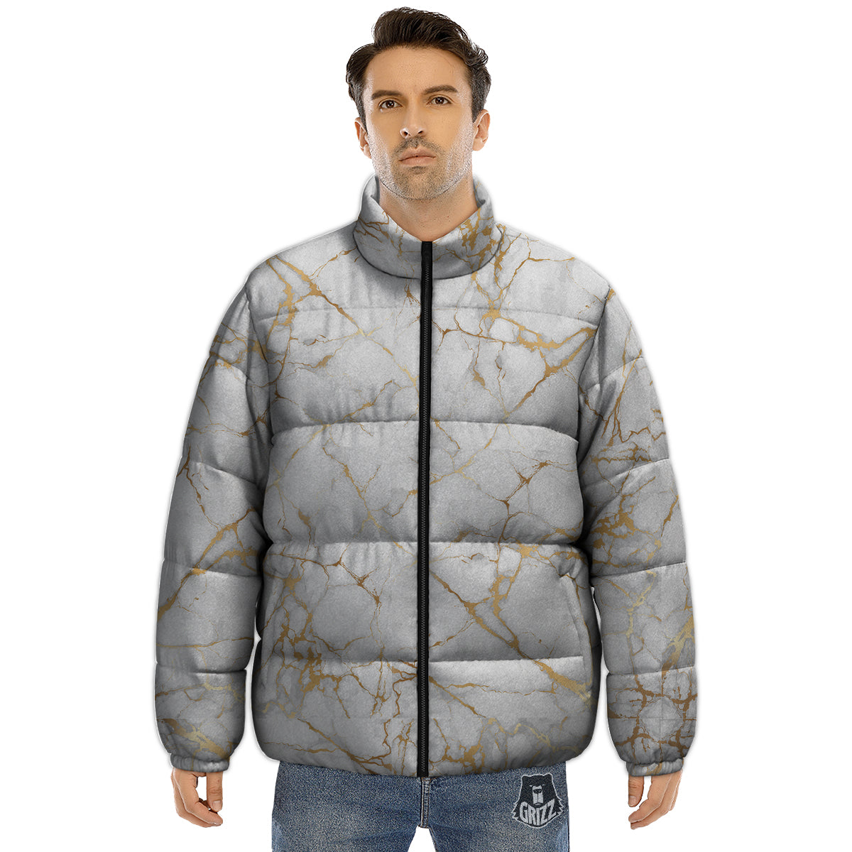 Marble White Gold Print Pattern Puffer Jacket-grizzshop