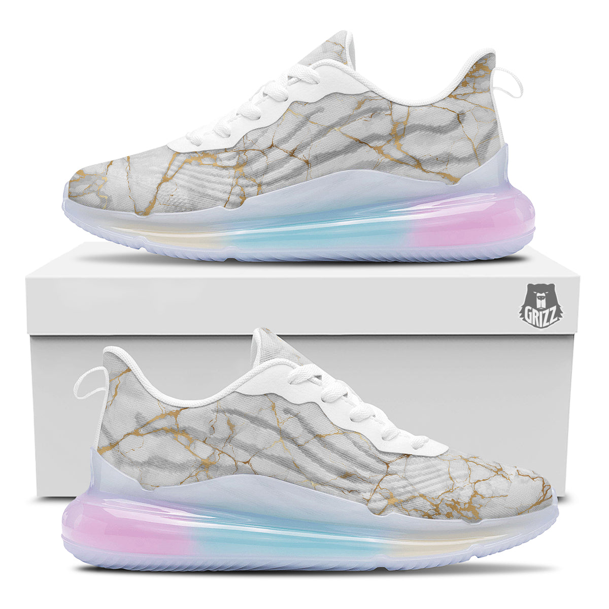 Marble White Gold Print Pattern Running Sneakers-grizzshop