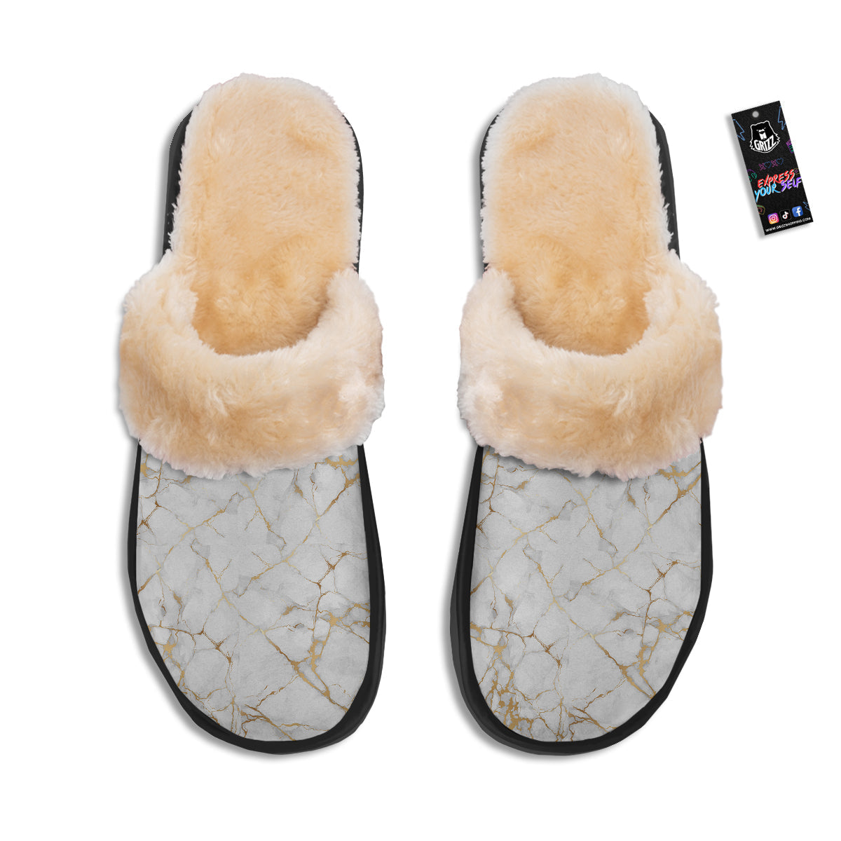 Marble White Gold Print Pattern Slippers-grizzshop