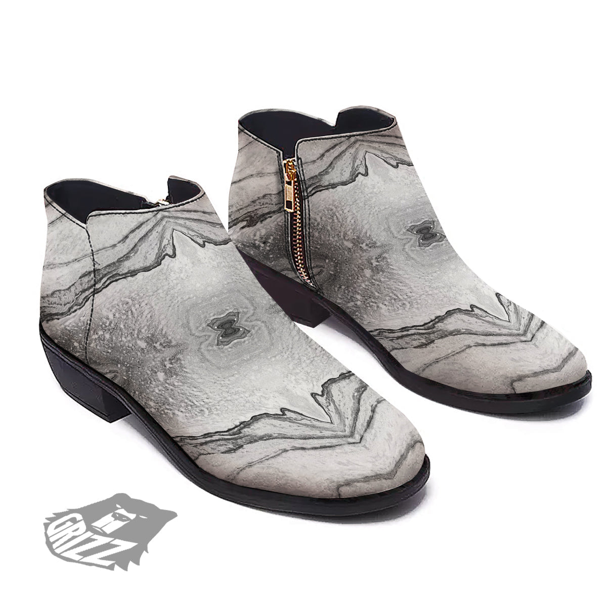 Marble White Gray Print Pattern Ankle Boots-grizzshop